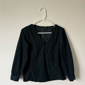 Madewell Corduroy Kinston Side-Button Wrap Top in Midnight Green